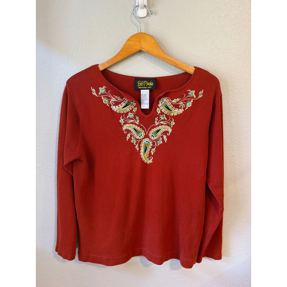 Bob Mackie Sweater Women Medium Rust Terracotta Paisley Embroidered Wearable Art